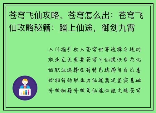 苍穹飞仙攻略、苍穹怎么出：苍穹飞仙攻略秘籍：踏上仙途，御剑九霄